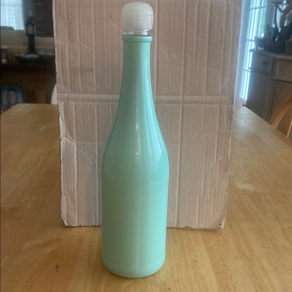 Bluish Green Decorative Empty Bottle. Use as decor or for liquids. About 12 in.